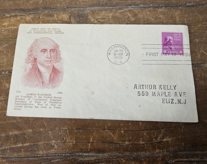 1939 James Madison Presidential Series Stamp First Day Horizontal Coil Issue and Cover Cachet