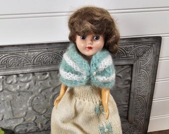 Vintage Unmarked Hard Plastic Doll in Hand Knitted Evening Gown