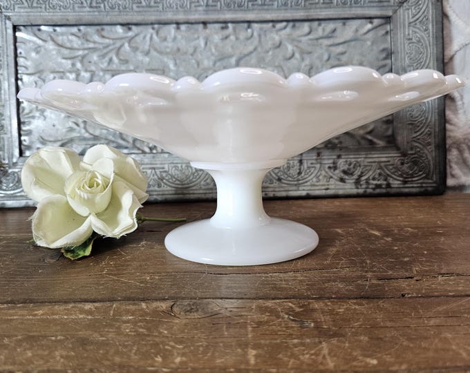 MCM Large Anchor Hocking Milk Glass Colony Lace Open Compote or Fruit Bowl