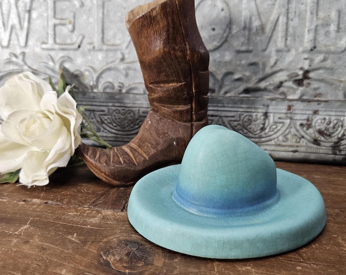 HTF Vintage Van Briggle Cowboy Hat in Turquoise Hues - Crazing on Piece
