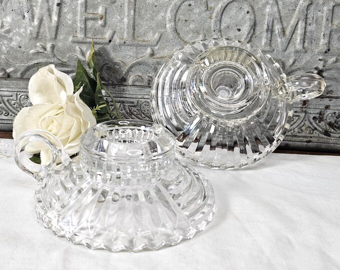 Pair of Anchor Hocking AHC34 Clear Handled Art Deco Candlesticks | Depression Glass
