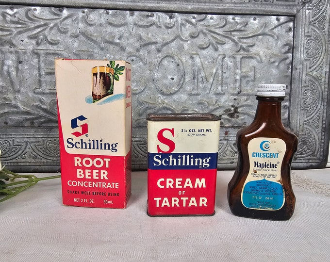 Vintage Schilling & Crescent Spice Tins: Mapleine, Cream of Tartar, Root Beer