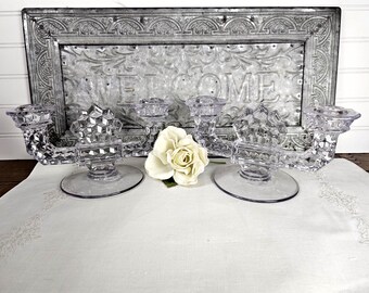 Rare 1910s Lavender Double Flat Foot Candlestick American by Fostoria - Set of 2