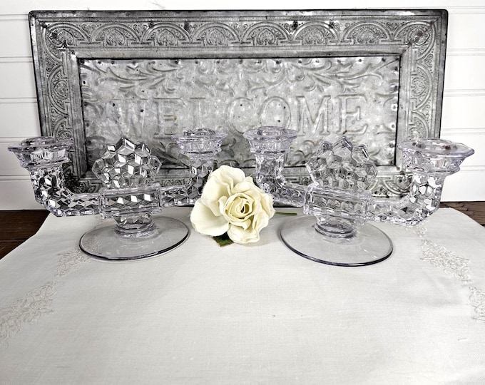 Rare 1910s Lavender Double Flat Foot Candlestick American by Fostoria - Set of 2