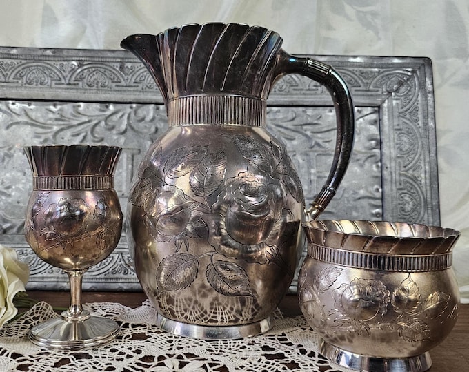 1890s Meriden Britannia Co. Quadruple plate Pitcher with Matching Goblet and Bowl #402