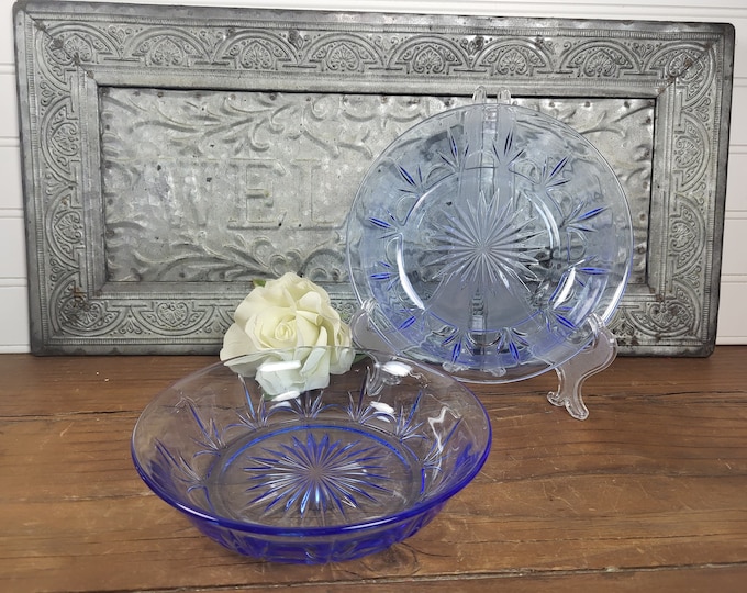 Two Avon Vtg Soup Bowls - American Blue Classics Collection - Starburst Center Glass - VIB