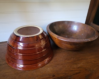 Vintage MarCrest Ovenproof Stoneware Pottery Brown Glaze Mixing Bowl USA plus Bonus Wooden Bowl