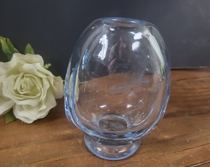 MCM Ice Blue Etched HummingBird Czech Republic Vase - Miloslav Klinger - Zelezny Brod Sklo