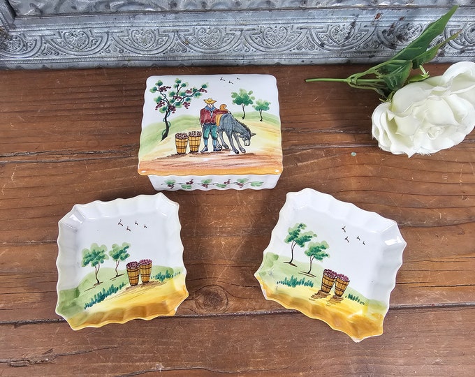 Vintage Italian Hand Painted Trinket Box and Trinket Dishes