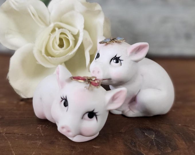 Vintage Pair of Anthropomorphic Porcelain Pigs with Enamel Butterflies