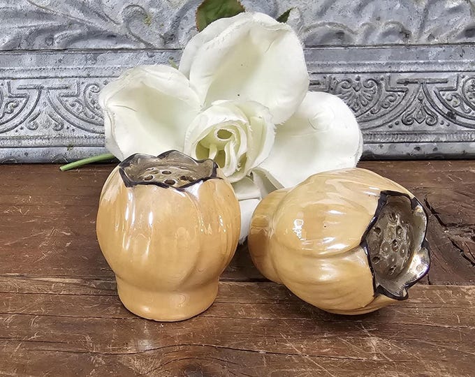 MCM Japanese-style Lusterware Lotus Pod Salt and Pepper Shakers | Retro Kitschy Kitchen