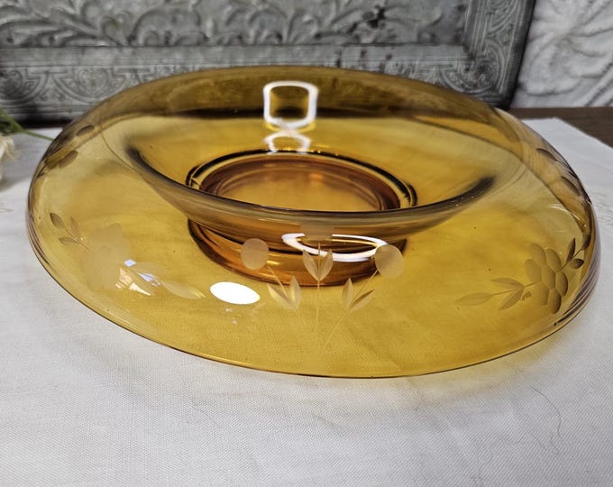 1930s Amber Elegant Glass Console Bowl with Floral Design | Depression Era Waterfall Bowl