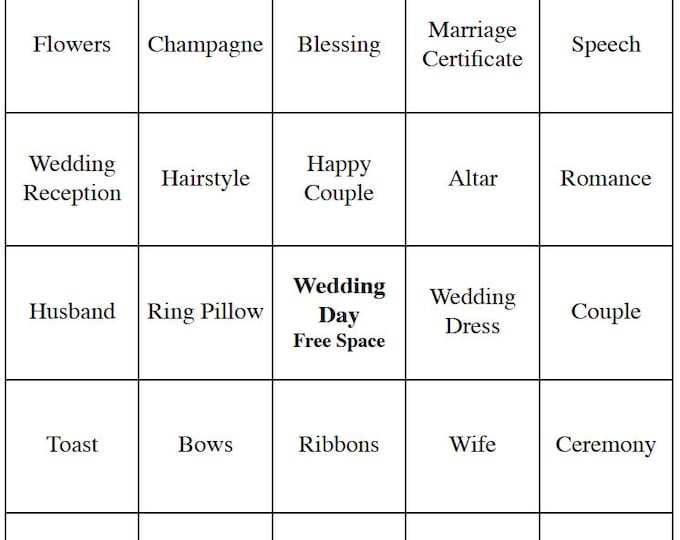 20 Individual Printable Wedding/ Bridal Shower or Engagement Party Bingo Cards