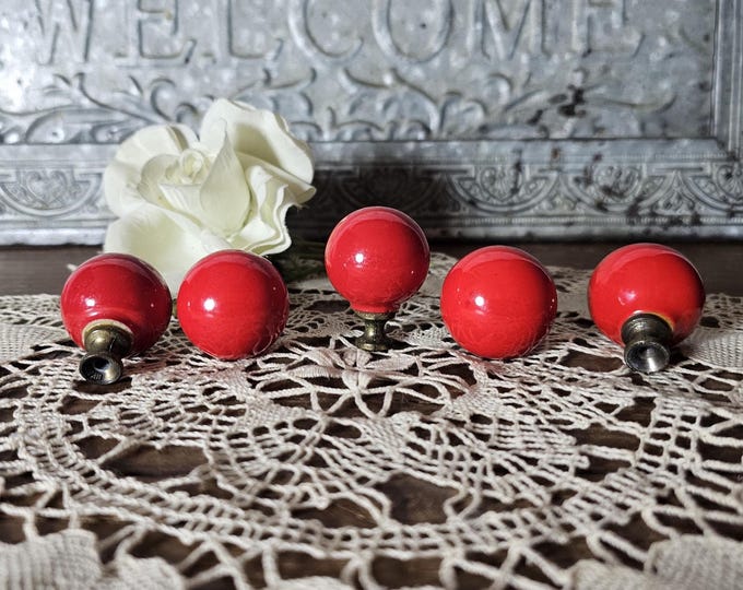 Vintage Red Porcelain Drawer Pulls with Brass Bass | Salvage Hardware