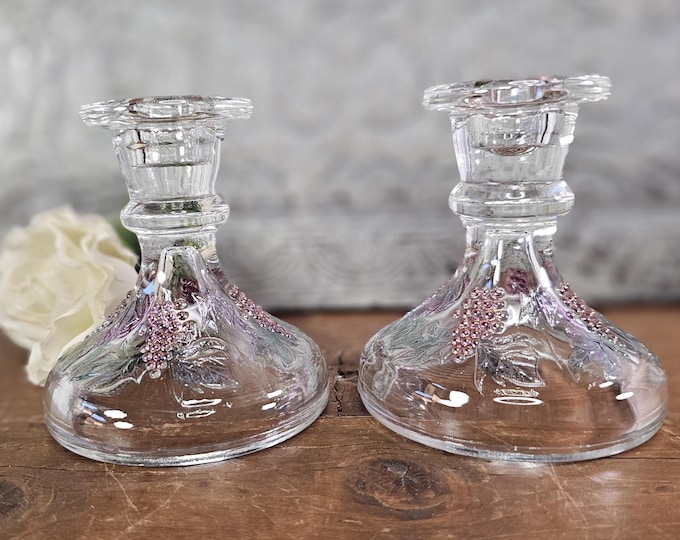 Vintage Pair of Single Light Candlesticks with Grape Motifs