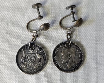 1942 Antique SixPence British Silver Screw Back Dangling Earrings