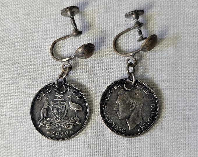 1942 Antique SixPence British Silver Screw Back Dangling Earrings