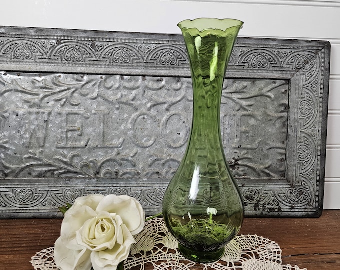 Vintage Hand Blown Green Glass Vase