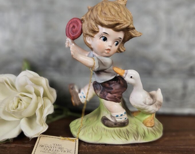 Collector’s Choice Series Flambro Boy Running from Goose with Lollipop - Vintage Nursery Decor