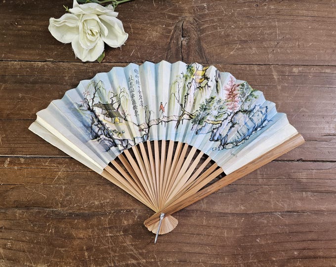 Vintage Taiwanese Paper Wood Folding Fan, Bridge Scene, Silver Flecks, As Found