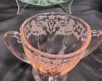 Rare 1930s New Martinsville Elegant Glass Lions Heraldry Pink Creamer and Sugar