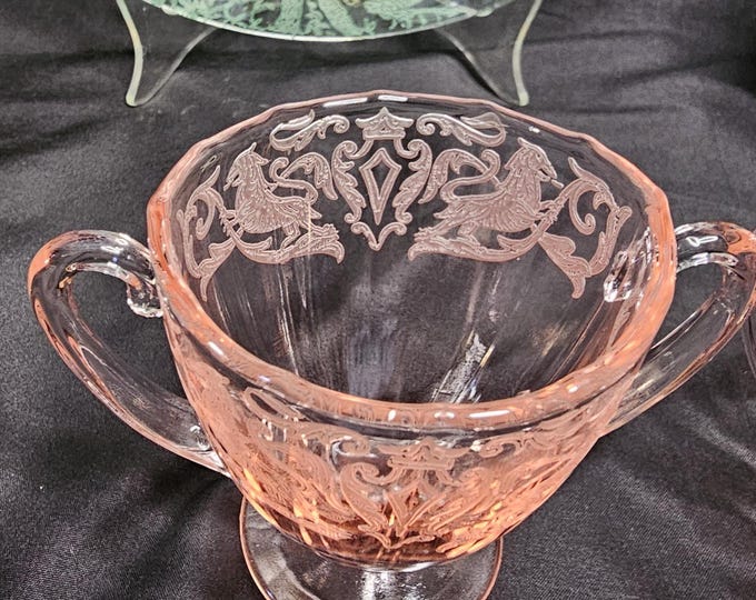Rare 1930s New Martinsville Elegant Glass Lions Heraldry Pink Creamer and Sugar