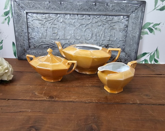 1920s-1930s Art Deco Peach Lusterware Tea Set - Victoria Czechoslovakia - No Lid on Tea Pot
