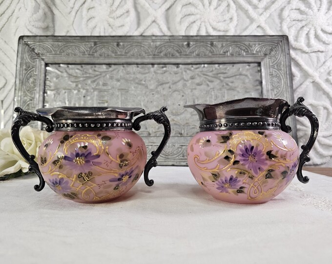 EAPG Bohemian Pink Satin Glass Hand Painted Sugar and Creamer Creamer