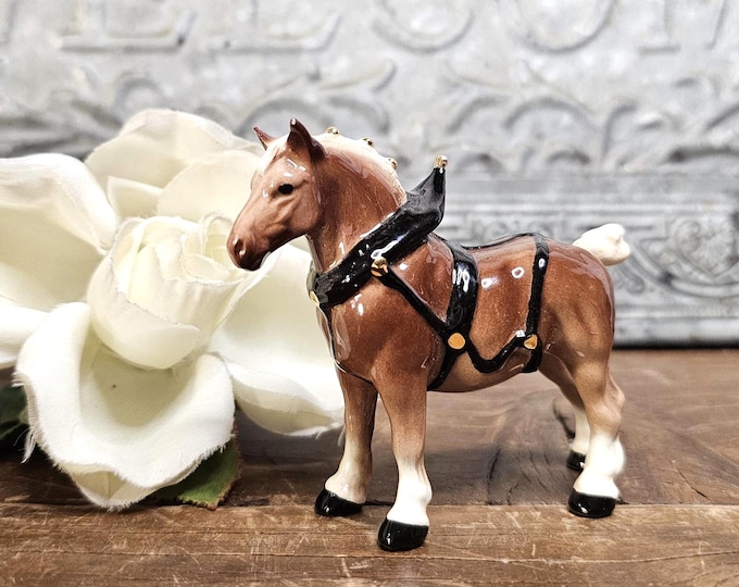 Vintage Retired Hagen Renaker Hand Painted Draft Horse in Harness - Retired Collectible Animal Miniatures