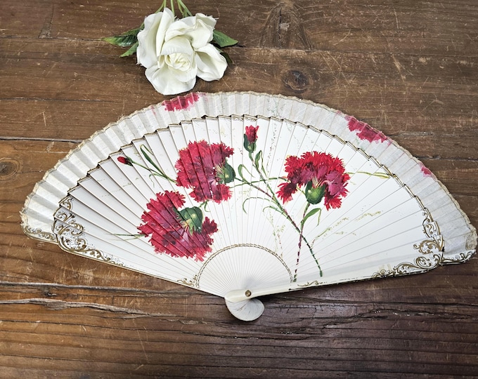 Vintage Handpainted Spanish Flamenco Cloth and Lacquered Wood Folding Fan