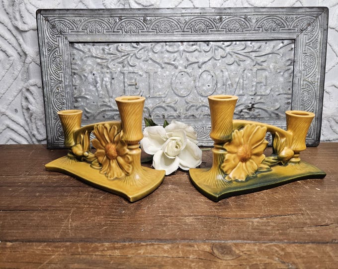 1940s Roseville Pottery USA #1153 Peony Double Candle Holders | Set of 2, as found
