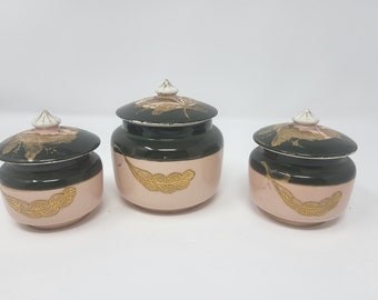 Vintage Green and Pink Porcelain Jars with Hand Painted Gold Flowers and Leaves