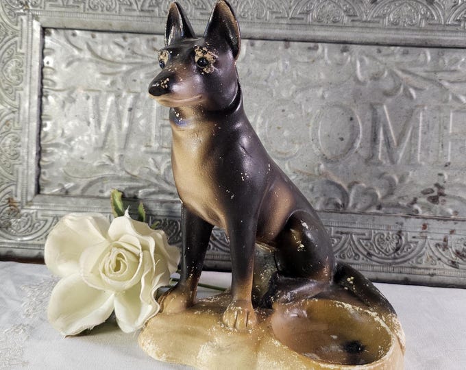 Vintage Chalkware German Shepherd Ashtray | Unmarked Dog Carnival Prize