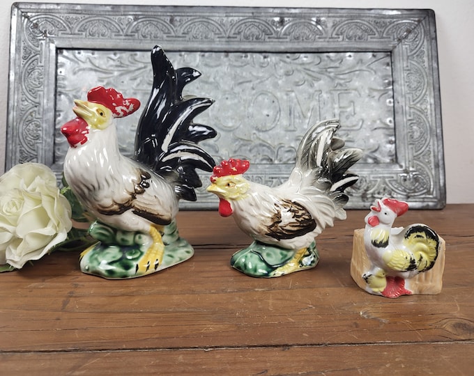 Vtg Chase Hand Painted Porcelain Roosters with Bonus Toothpick Holder - Set of 2