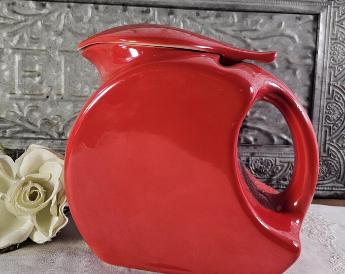 1940s Rare Universal Cambridge Pottery Red Art Deco Disc Pitcher