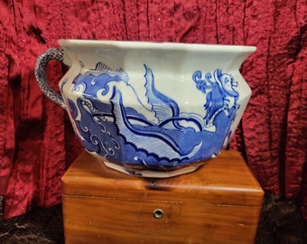 Rare Mason's Ironstone China chamber pot with flow blue Oriental dragon design