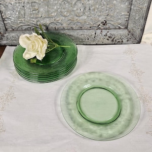 Rare Glowing Uranium - Fostoria Etched Elegant Translucent Emerald Green Glass Salad Plates - Depression Glass