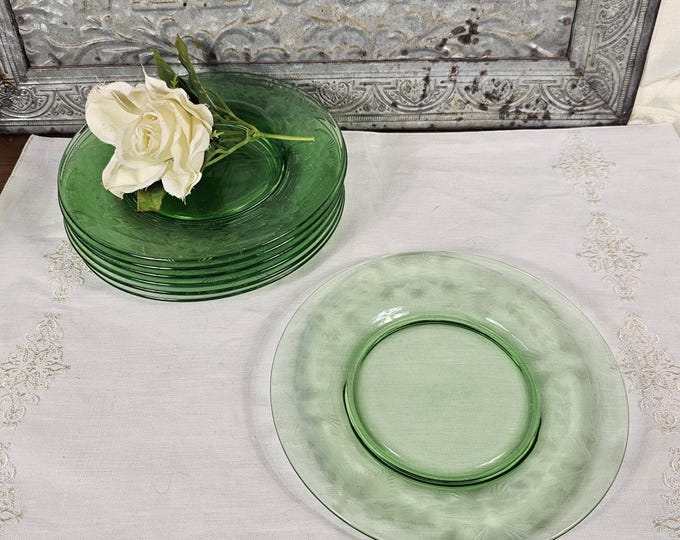 Rare Glowing Uranium - Fostoria Etched Elegant Translucent Emerald Green Glass Salad Plates - Depression Glass
