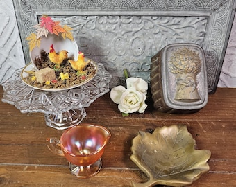 Vintage Carnival Glass Creamer, EAPG Cake Stand, Brass Leaf Tray or Tin Mold