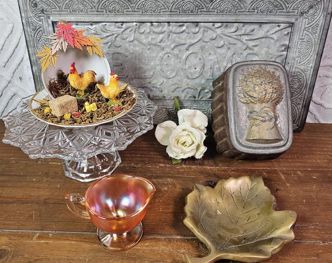 Vintage Carnival Glass Creamer, EAPG Cake Stand, Brass Leaf Tray or Tin Mold
