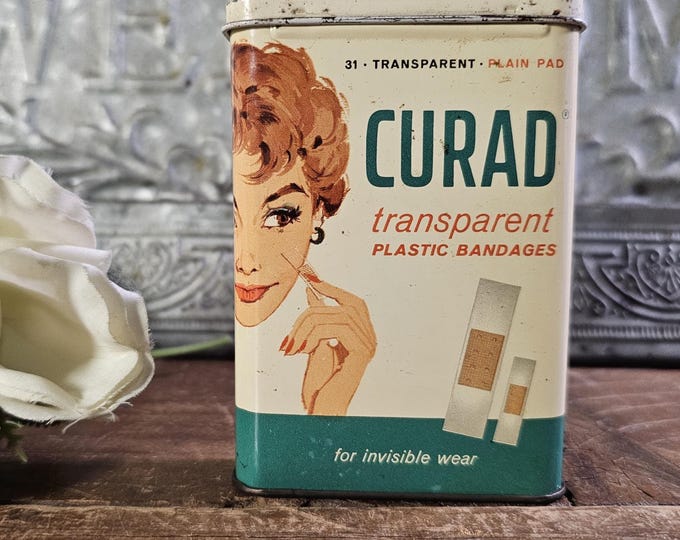Vintage 1950s Curad Transparent Plastic Band-Aid Lithograph Tin