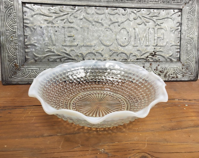 Moonstone Hobnail Serving Bowl, Clear with Opalescent Ruffled Edge, Anchor Hocking