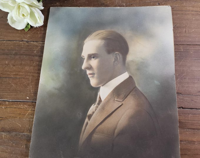 Antique 1920s-30s Tinted 11x14 Photograph of Thoughtful Young Man | Formal Portrait | Adoptable Ancestor