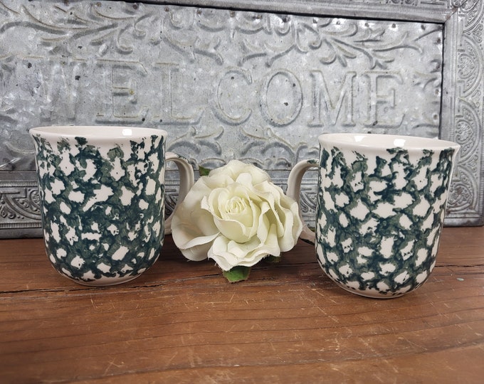 Tienshan Moose Country Stoneware Mugs - Set of 2 - Green Sponge - Rustic Folk Craft