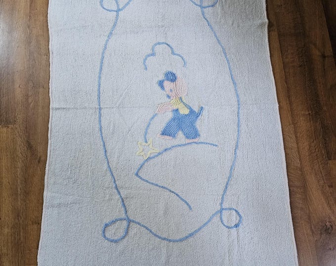 Vintage MCM Chenille Baby Blanket: Pastel Pig in Overalls, Tufted Nursery Bedding