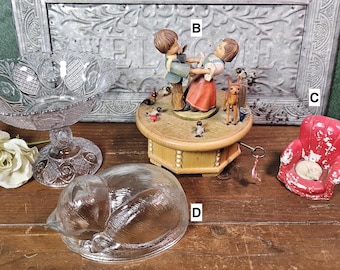 Vintage Farmhouse Decor: Sunk Daisy Compote, Chalkware Kitten, or Kitten on Nest Lid