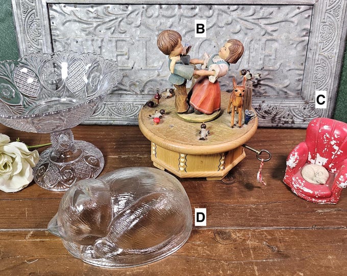 Vintage Farmhouse Decor: Sunk Daisy Compote, Chalkware Kitten, or Kitten on Nest Lid