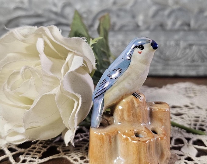 Antique Japanese Lusterware Miniature Blue Bird Flower Frog