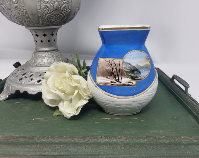 Early 1900s Ironstone Blue & White Vase with Two Painted Scenes | Knowles Taylor