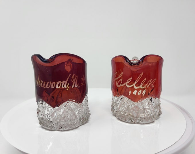 2 Creamers EAPG Souvenir Glass Ruby Flash Ruby Stain Duncan Miller Button Arches, 1897-1920